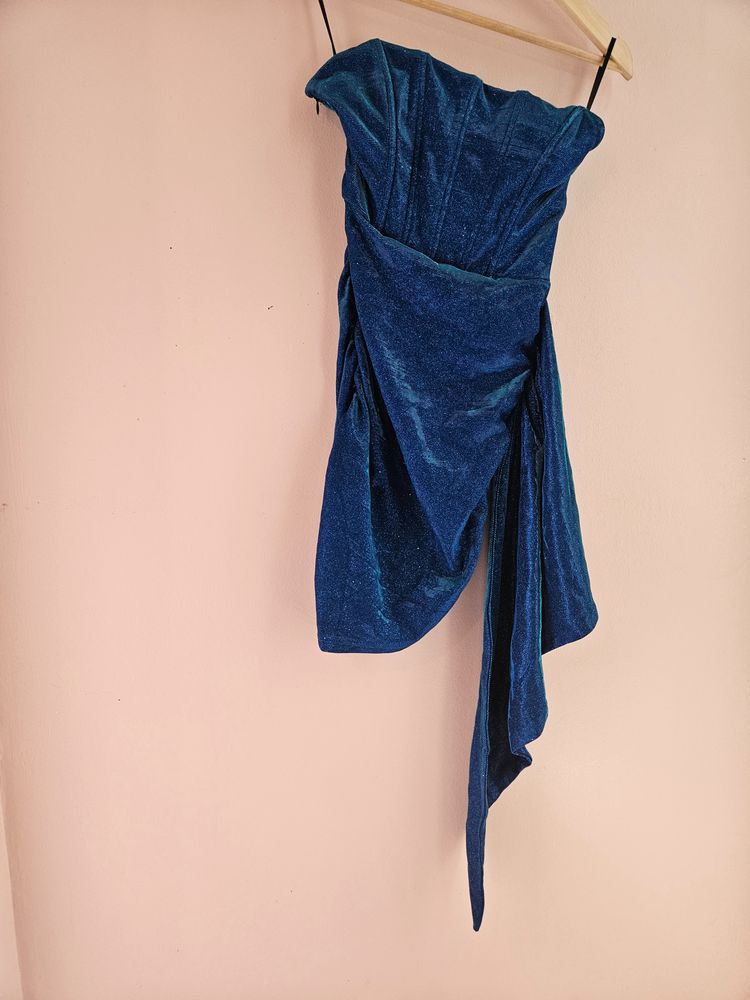 Blue Metallic Asymmetrical Prom PartyDress obraz 5
