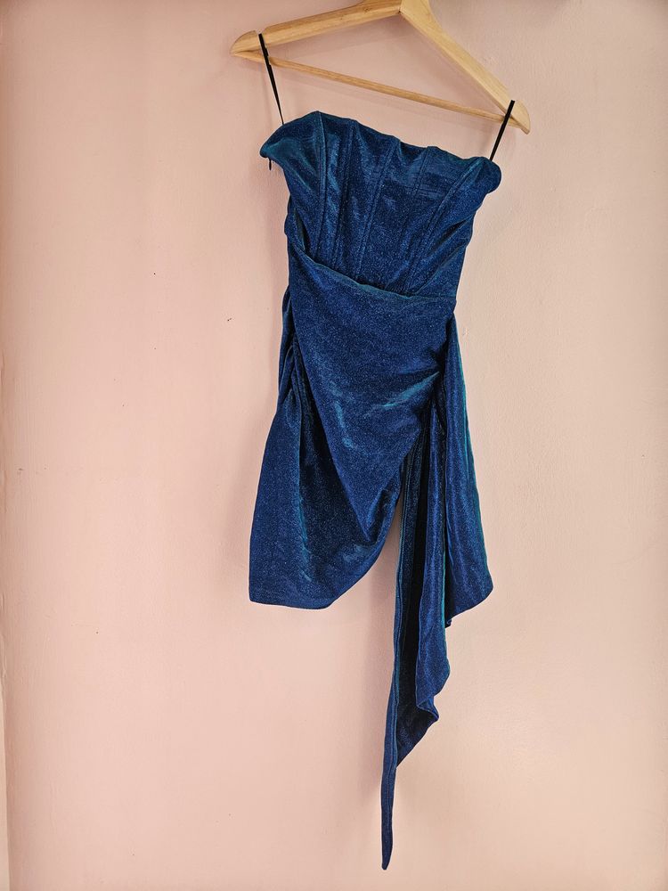 Blue Metallic Asymmetrical Prom PartyDress obraz 6
