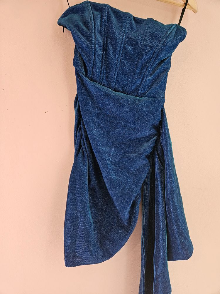 Blue Metallic Asymmetrical Prom PartyDress obraz 2