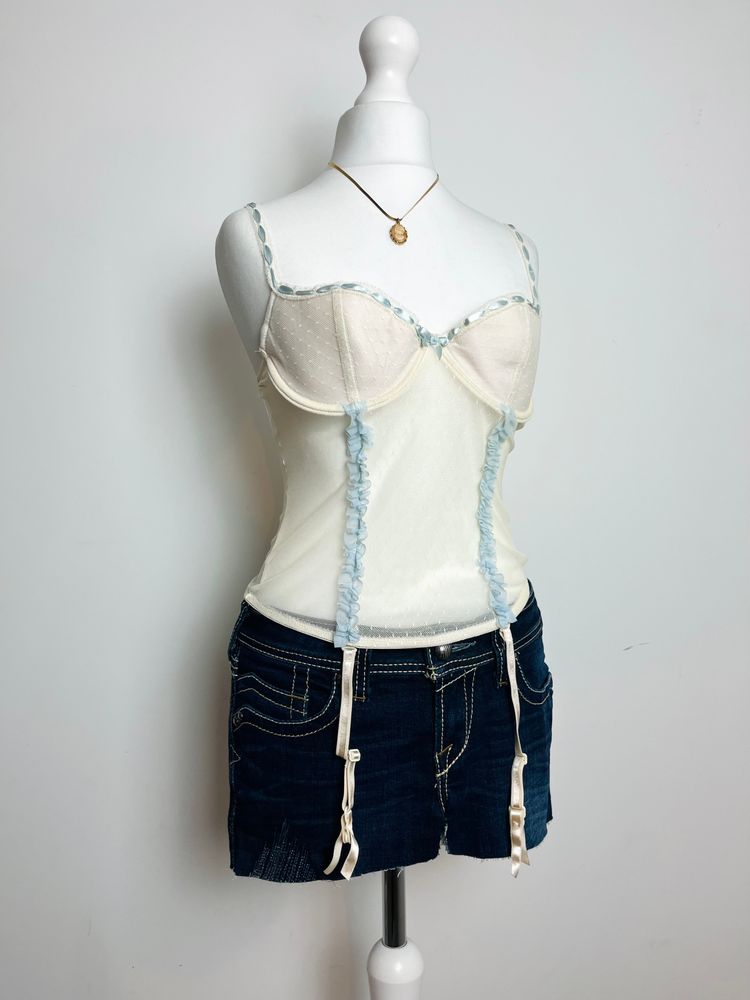 Cream Vintage Mesh Corset Top With Blue Trim