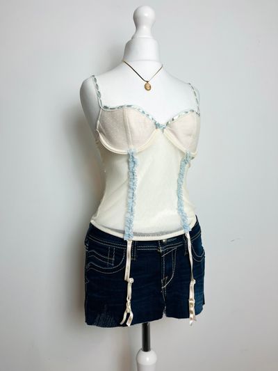 Cream Vintage Mesh Corset Top With Blue Trim