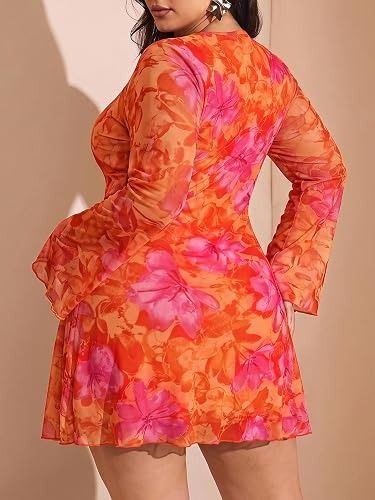 Orange And Pink Floral Long Sleeve Dress image 3