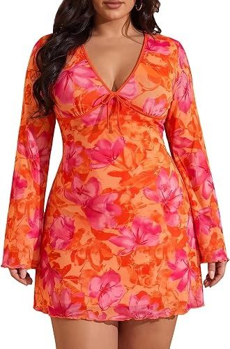 Orange And Pink Floral Long Sleeve Dress image 1