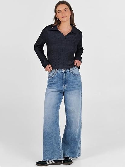 Immagine di Navy Blue Cable Knit Sweater With Collar 3