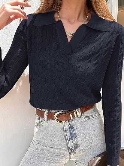 Immagine di Navy Blue Cable Knit Sweater With Collar 5