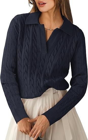 Immagine di Navy Blue Cable Knit Sweater With Collar 1