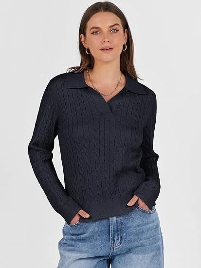 Immagine di Navy Blue Cable Knit Sweater With Collar 4