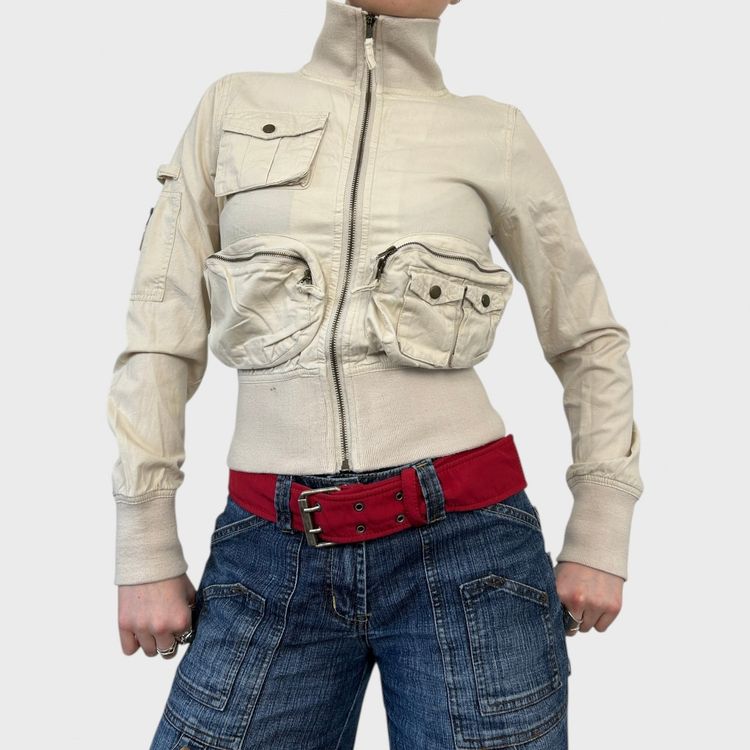 Vintage Beige Pocket Zip-Up Jacket - S