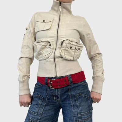 Vintage Beige Pocket Zip-Up Jacket - S