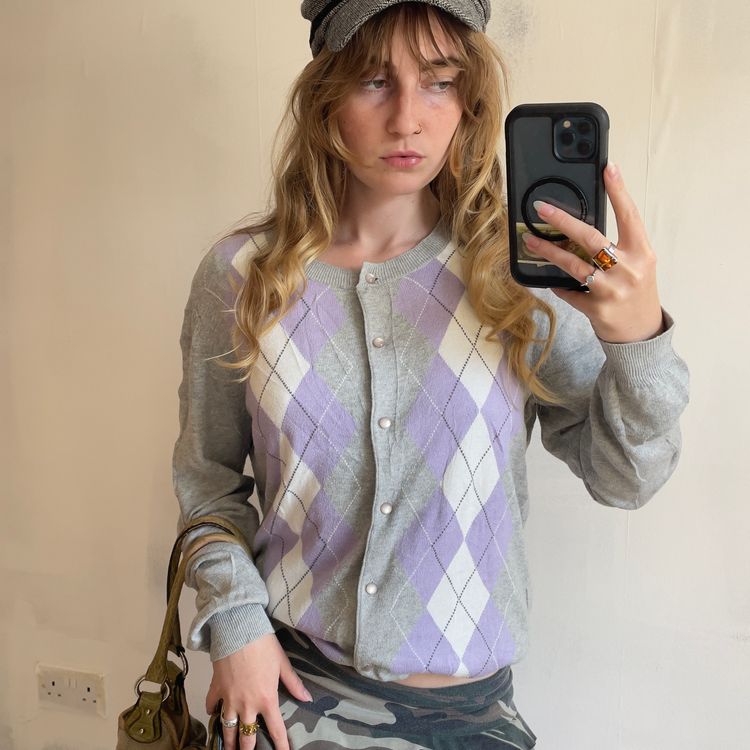 Immagine di Y2K Oversized Prep Argyle Cardigan Sweater 1