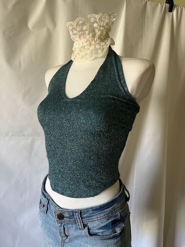 Topshop Bluzka brokatowa Xs Topshop Green Halter Neck Crop Top product image