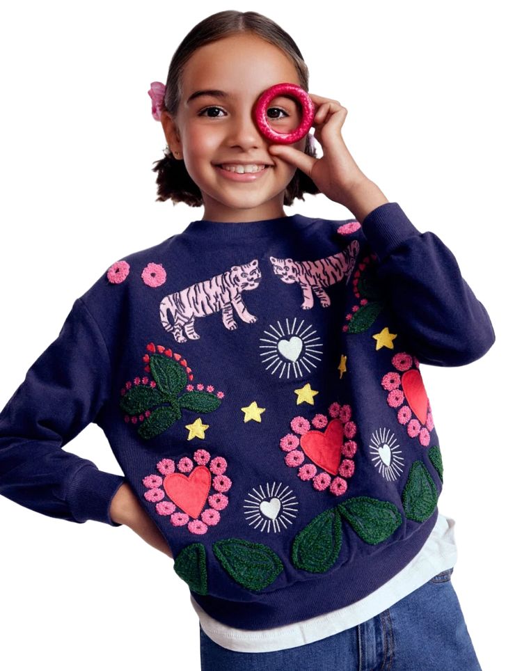 Girls Mini Boden Long Sleeve Boden Bobbie Tiger Applique Sweatshirt Navy image 1