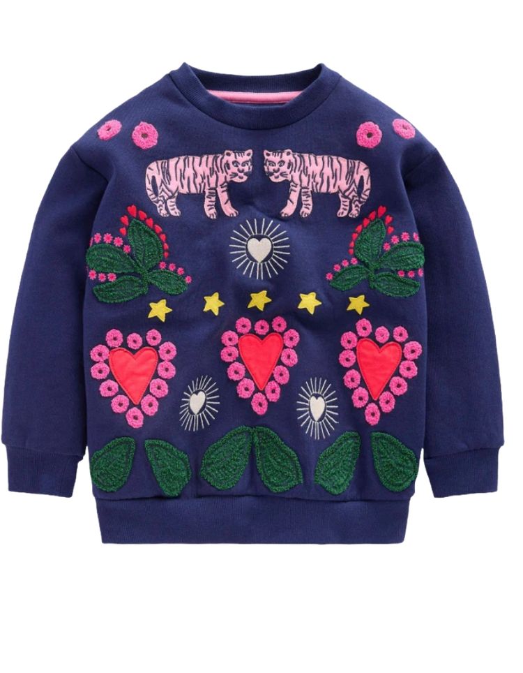 Girls Mini Boden Long Sleeve Boden Bobbie Tiger Applique Sweatshirt Navy image 2