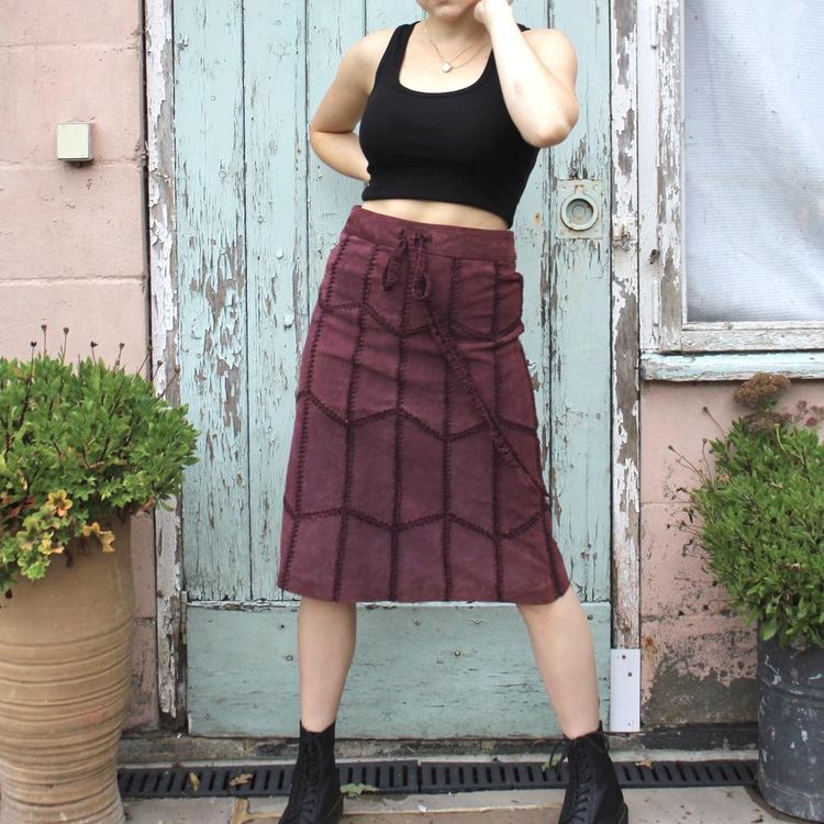 Warehouse Vintage purple 100% leather suede feel skirt with a patchwork look and drawstring waist product image