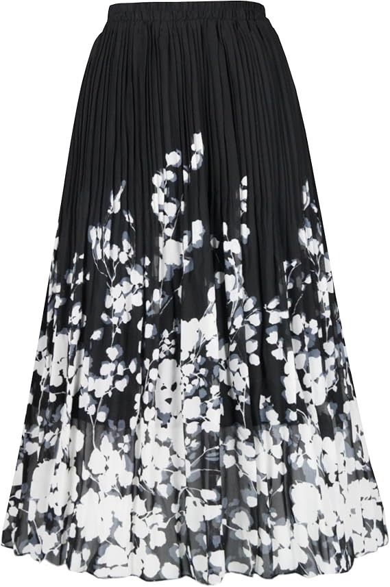 Black And White Floral Pleated Midi Skirt