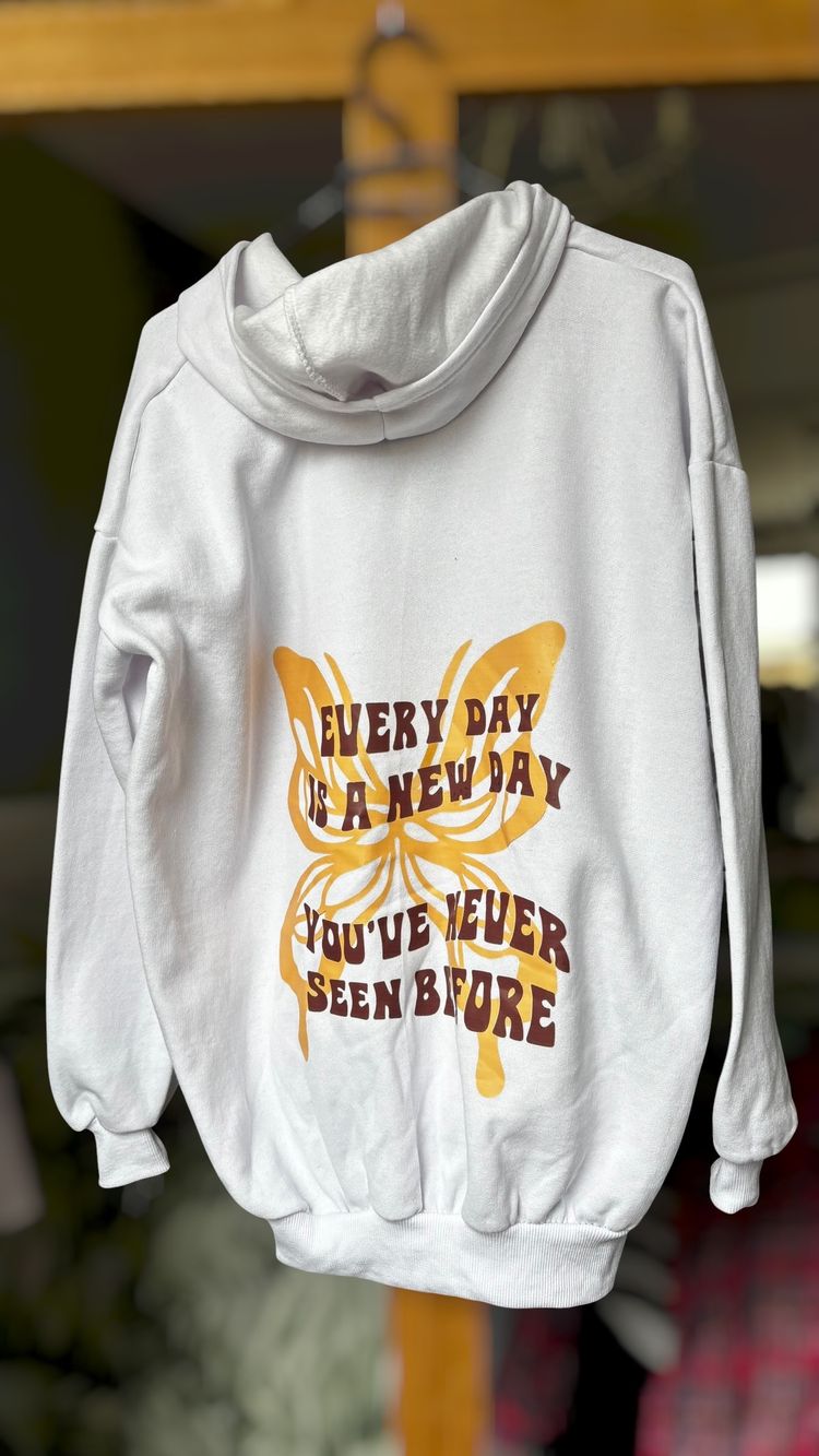 L/XL White Hoodie With Butterfly Print And Text