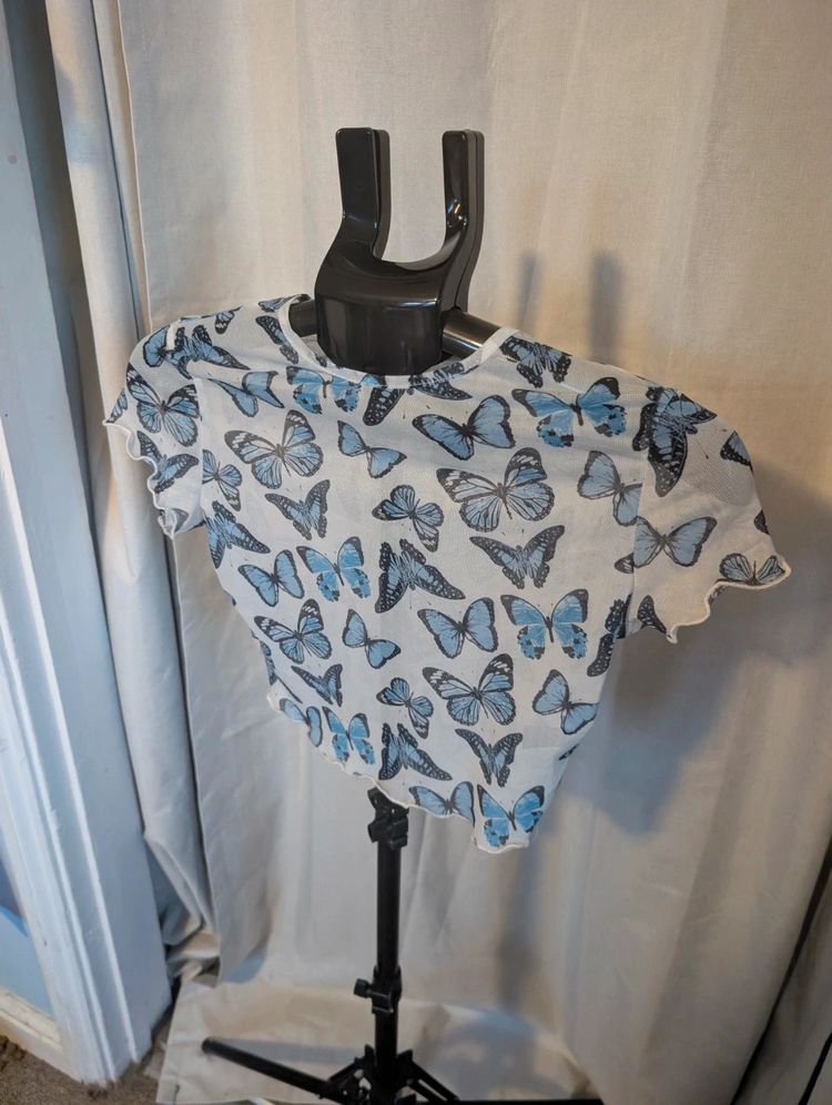 Shein Crop Top Blue Butterfly Sheer Mesh Lettuce Trim Small S Y2K E-Girl image 2
