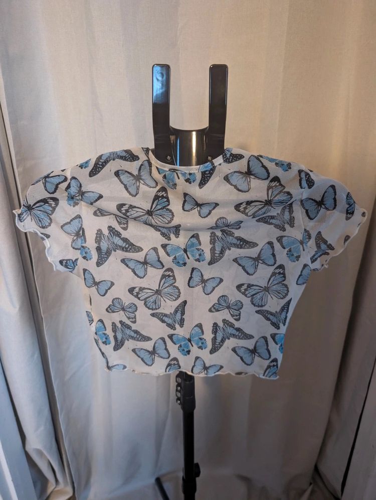 Shein Crop Top Blue Butterfly Sheer Mesh Lettuce Trim Small S Y2K E-Girl image 3