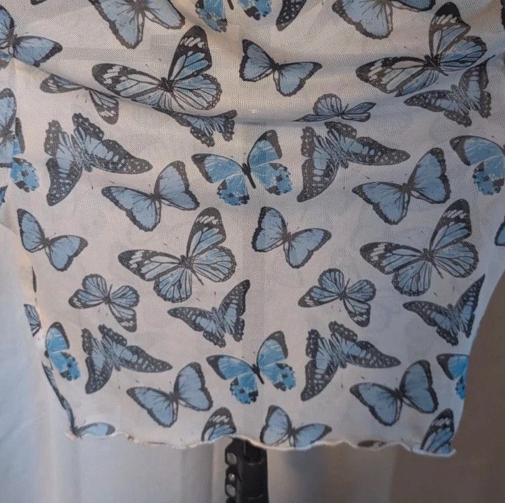 Shein Crop Top Blue Butterfly Sheer Mesh Lettuce Trim Small S Y2K E-Girl image 10