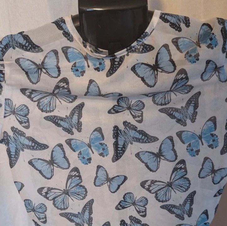 Shein Crop Top Blue Butterfly Sheer Mesh Lettuce Trim Small S Y2K E-Girl image 7