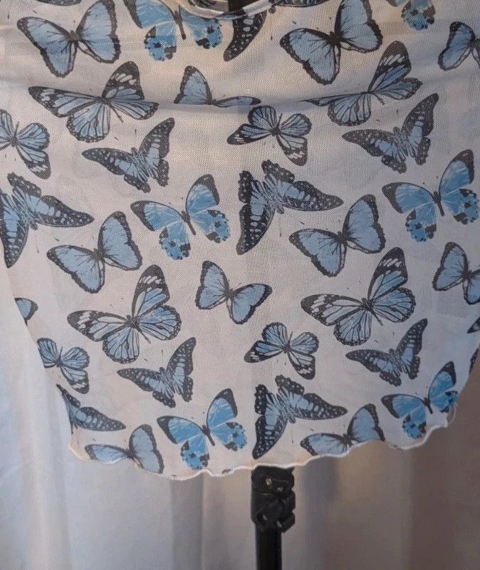 Shein Crop Top Blue Butterfly Sheer Mesh Lettuce Trim Small S Y2K E-Girl image 6