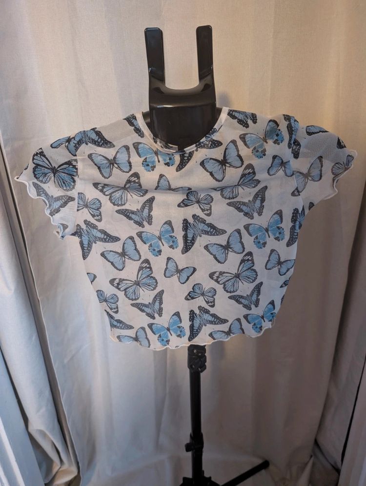 Shein Crop Top Blue Butterfly Sheer Mesh Lettuce Trim Small S Y2K E-Girl image 1