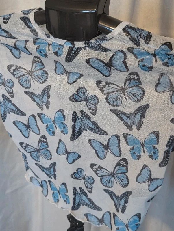 Shein Crop Top Blue Butterfly Sheer Mesh Lettuce Trim Small S Y2K E-Girl image 8