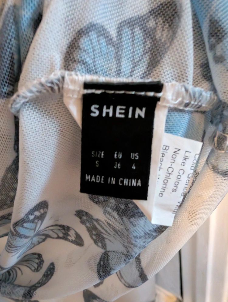 Shein Crop Top Blue Butterfly Sheer Mesh Lettuce Trim Small S Y2K E-Girl image 4
