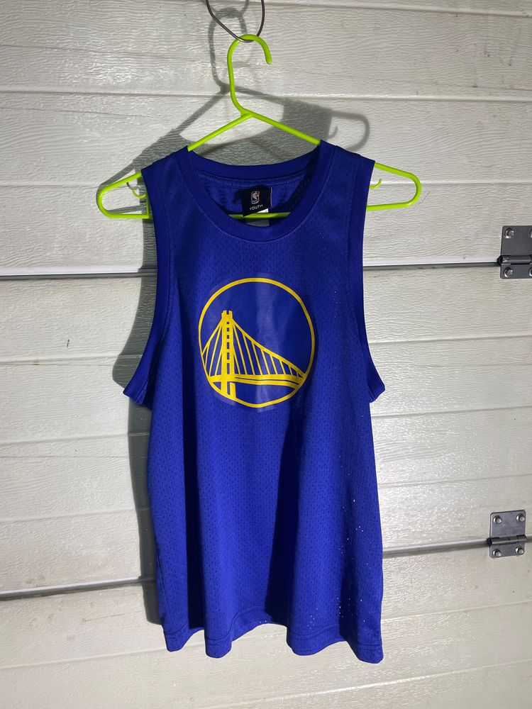 Blue Sleeveless Basketball Jersey With Yellow Bridge Logo