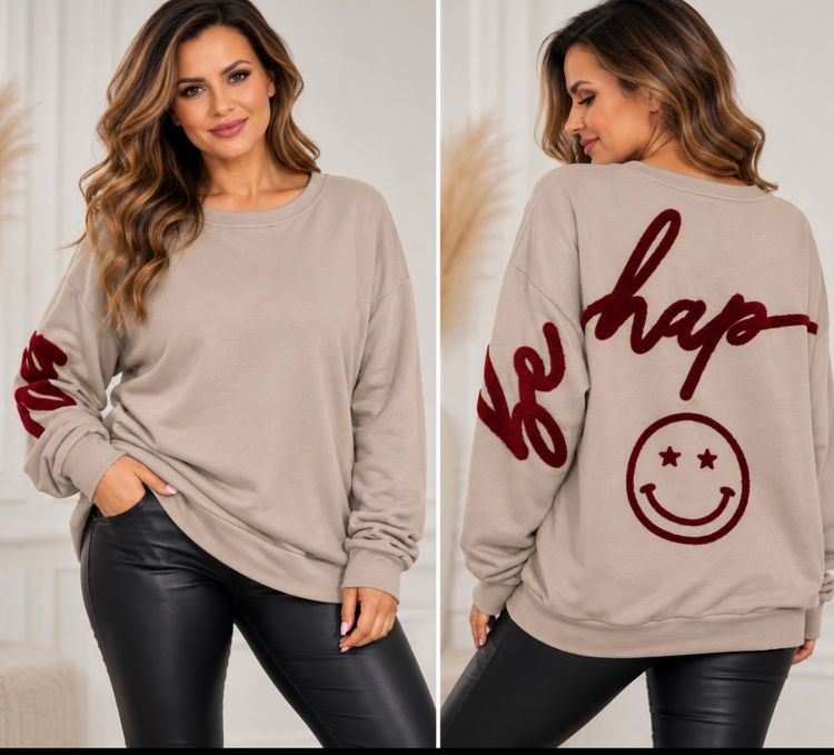 Beige Sweatshirt With Red Text And Smiley Face AZARA