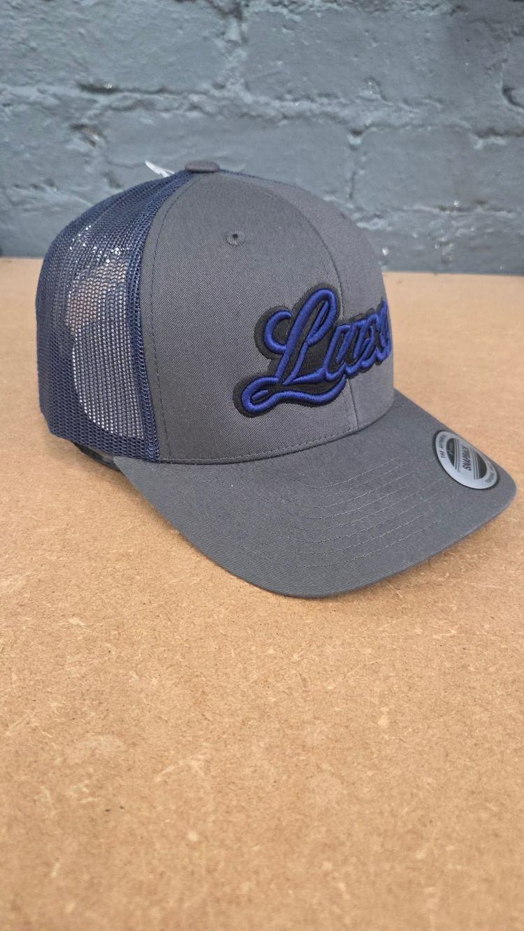 Grey And Navy Snapback Cap With Luxe Embroidery 3