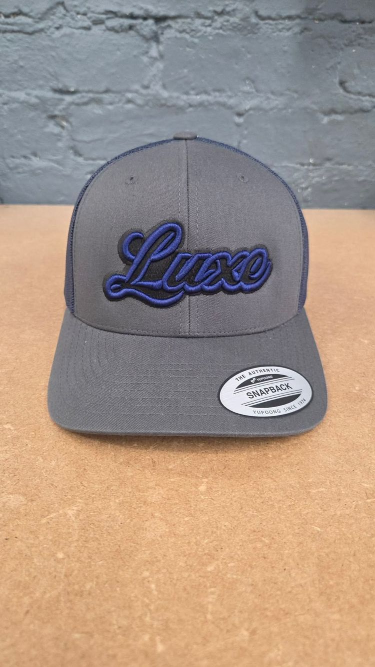 Grey And Navy Snapback Cap With Luxe Embroidery