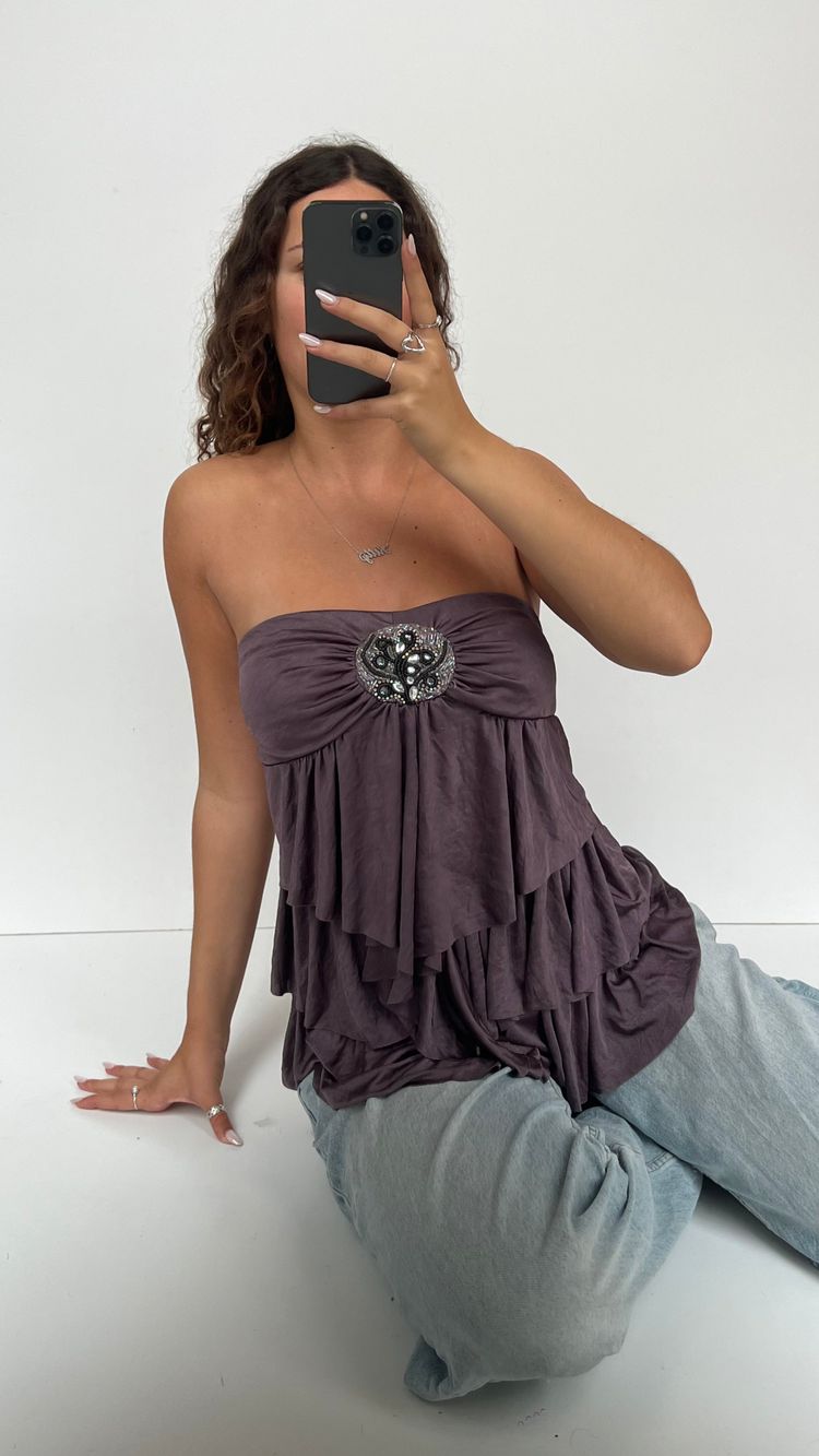 00s brown ruffle beaded top- size S image 4