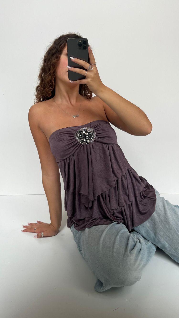 00s brown ruffle beaded top- size S image 2