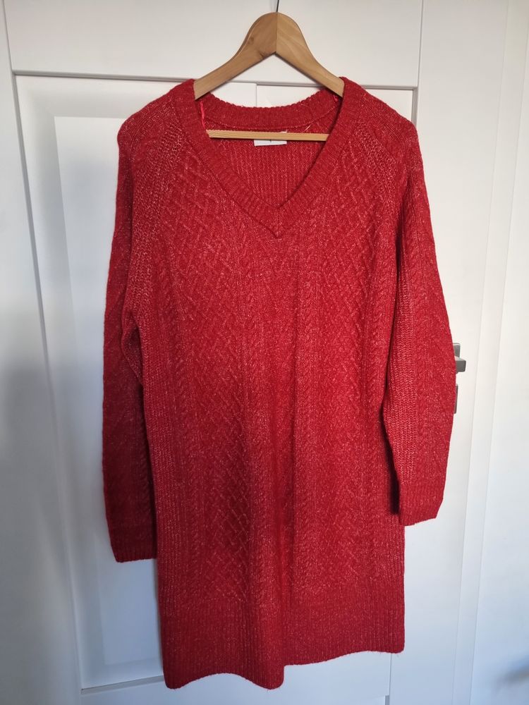 Red Knitted V-Neck Sweater Dress