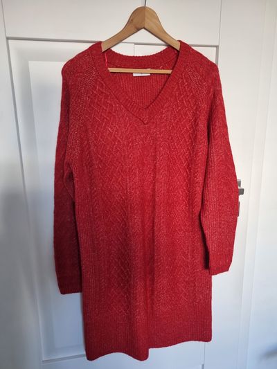 Red Knitted V-Neck Sweater Dress