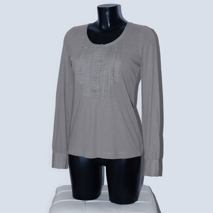 Comptoir Des Cotonniers Beige & Grey Ruffle Button Up Long Sleeve Top 