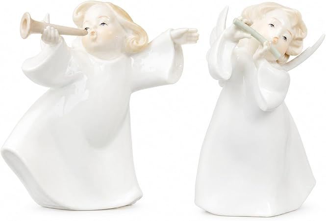 White Ceramic Angel Figurines With Musical Instruments imagen 1