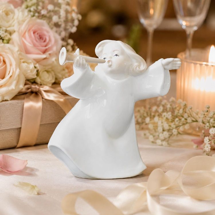 White Ceramic Angel Figurines With Musical Instruments imagen 3