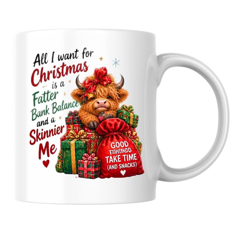 Other Festive Mug All I Want For Christmas Is A Fatter Bank Balance Highland Cow 325ml Ceramic Coffee Mug – Funny Holiday Tea Cup with Christmas Presents & Santa Sack Gift | Available in Multicolours | Fast Dispatch by UK Seller (M1295) imagen del producto