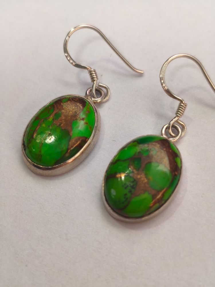 Pendientes plata de LEY 925 - TURQUESA VERDE Y PIRITA -