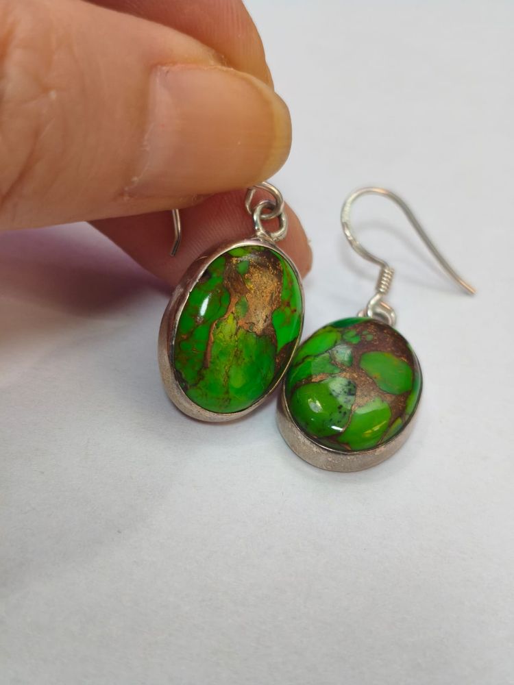 Pendientes plata de LEY 925 - TURQUESA VERDE Y PIRITA - imagen 3