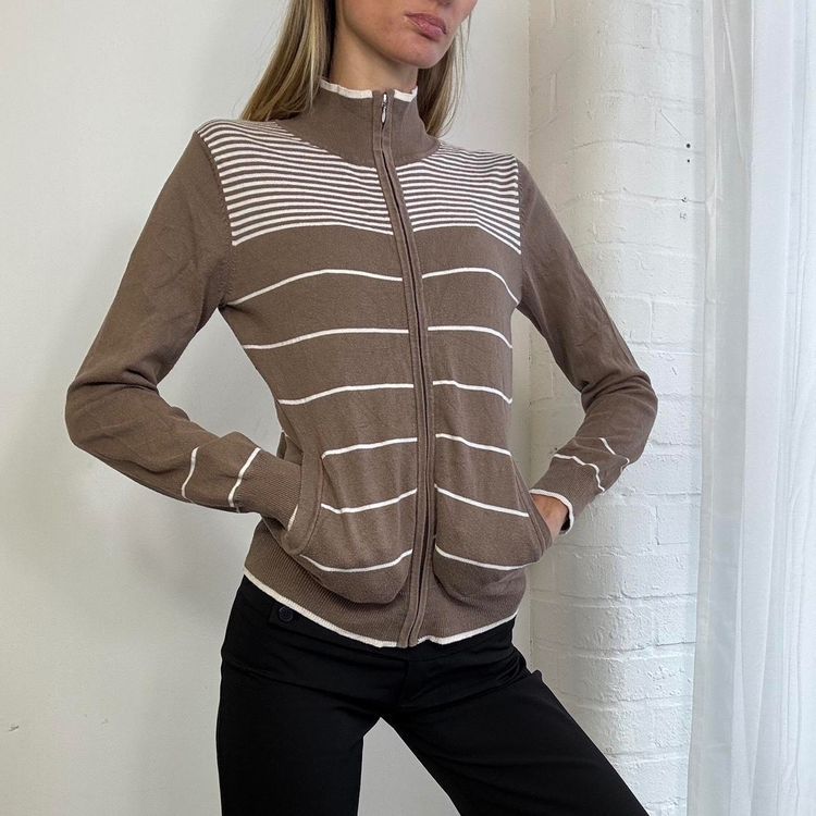 Brown And White Striped Zip-Up Cardigan