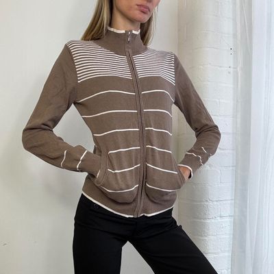 Brown And White Striped Zip-Up Cardigan