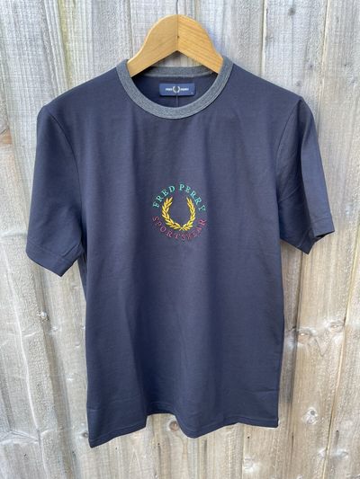 Fred Perry Sportswear Embroidered Logo Ringer T Shirt Tee Navy Small Brand New