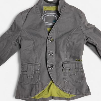 Grey Button-Up Jacket With Green Lining