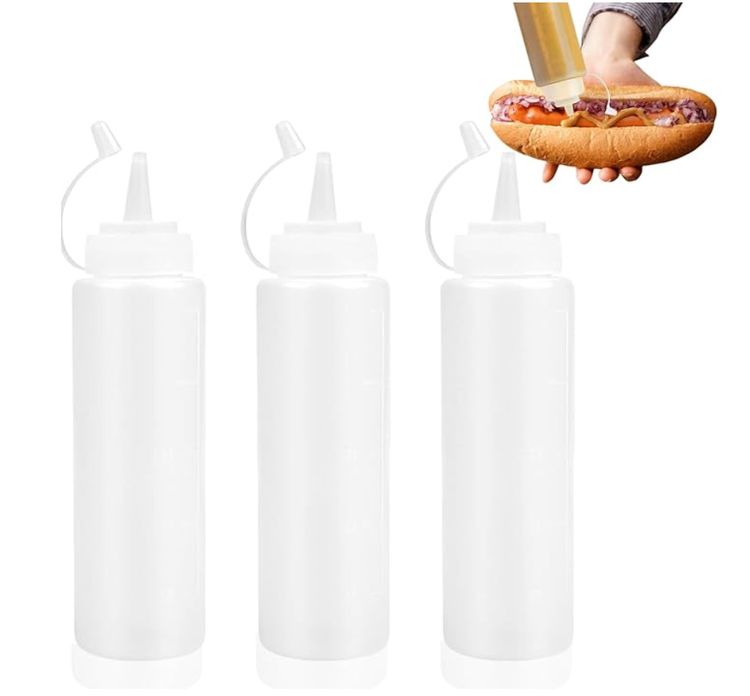 Bottles with Caps, 3 Pack Squeezy Sauce Bottles, Plastic Squeeze Dispensers with Measurements for Ketchup, BBQ, Sauces, Syrup, Dressings (1000ML)