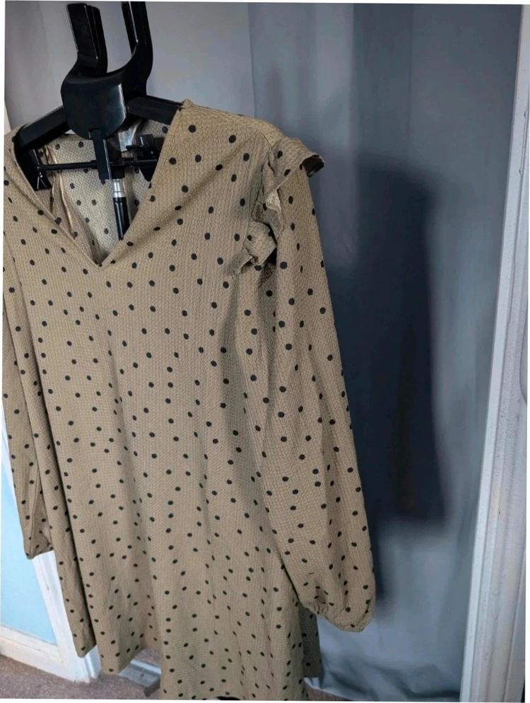 Primark Khaki Olive Green Polka Dot Ruffle Sleeve Tunic Mini Dress XL UK 18 20 obraz 3