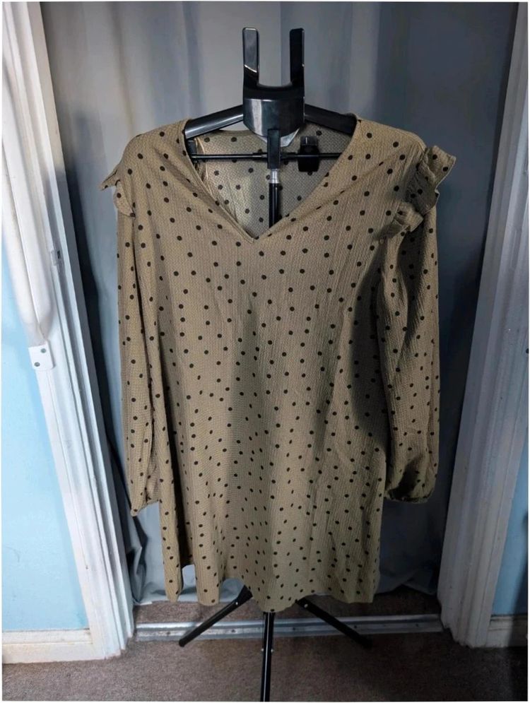 Primark Khaki Olive Green Polka Dot Ruffle Sleeve Tunic Mini Dress XL UK 18 20 obraz 1