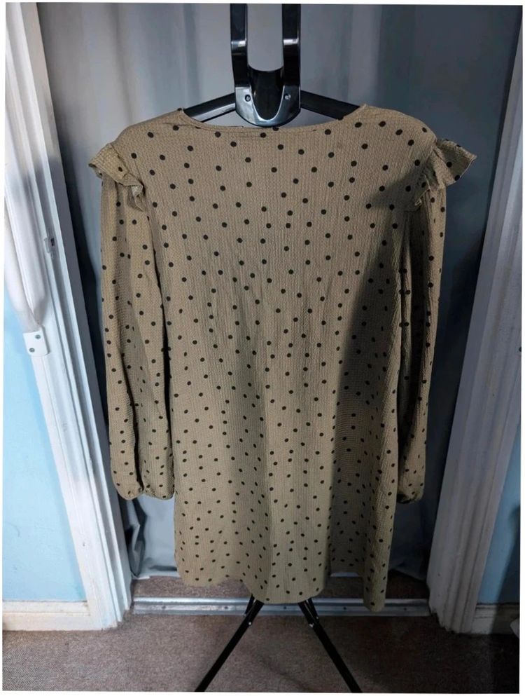 Primark Khaki Olive Green Polka Dot Ruffle Sleeve Tunic Mini Dress XL UK 18 20 obraz 2